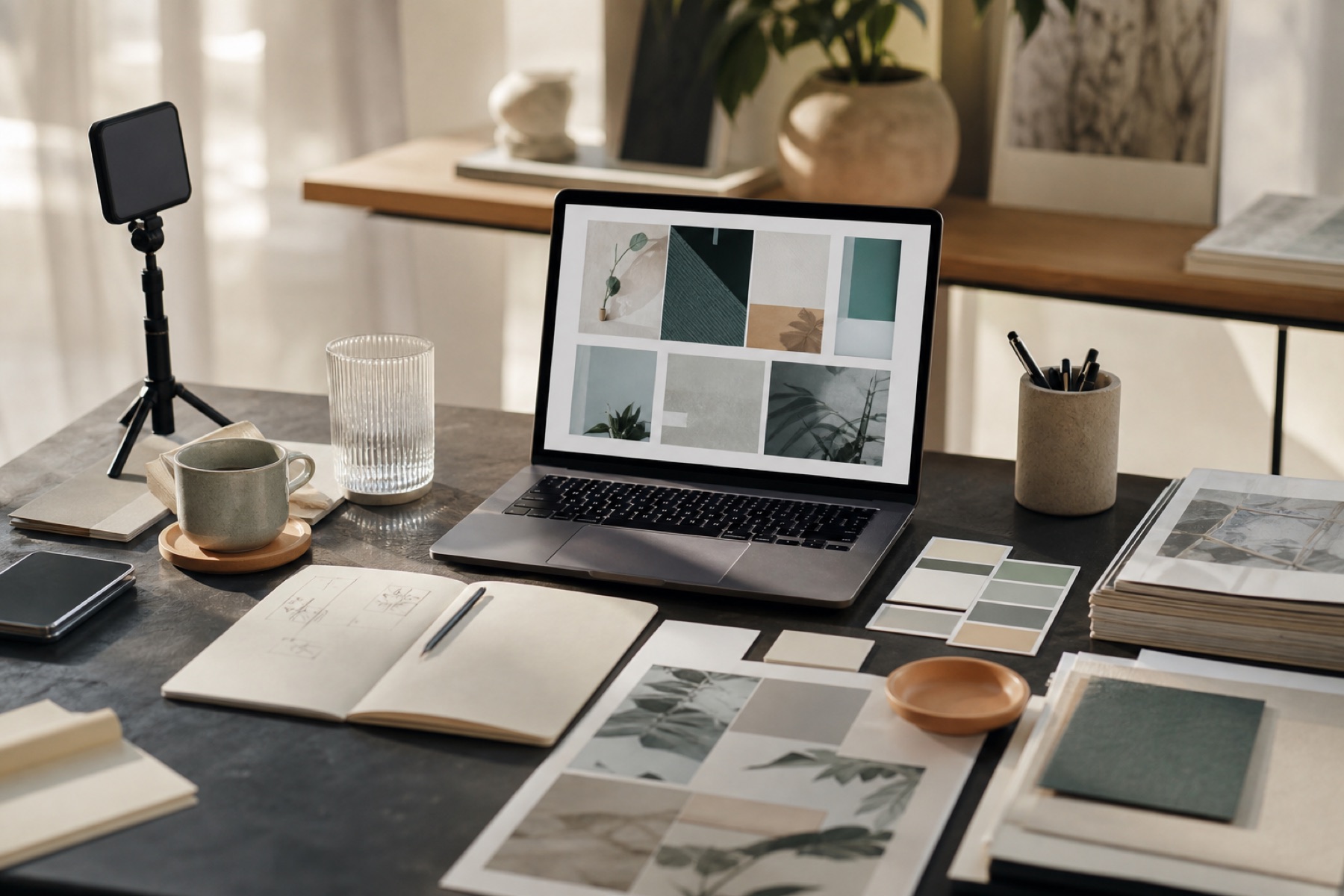 Kreativer Agenturarbeitsplatz mit Webdesign, Branding und Printdesign-Materialien