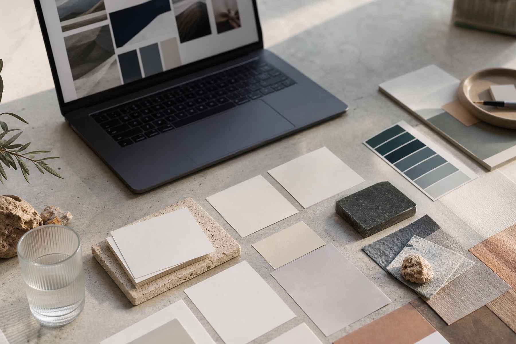 Markenstrategie mit Moodboard, Materialmustern und Farbsystem