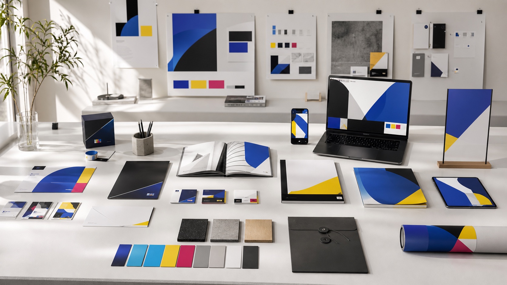 Vollständiges Corporate-Design-System mit Printprodukten, digitalen Anwendungen und Materialmustern