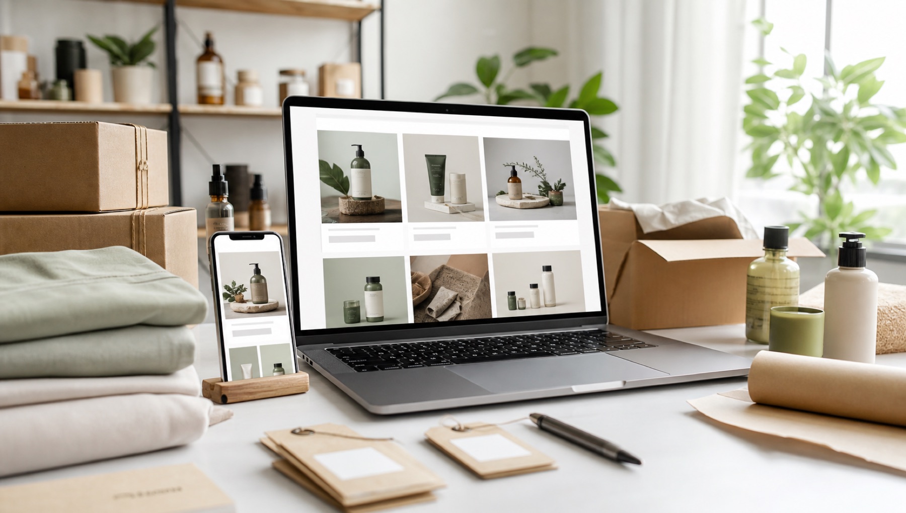 Professioneller Shopify-Launch mit Produktkatalog und Versandmaterialien