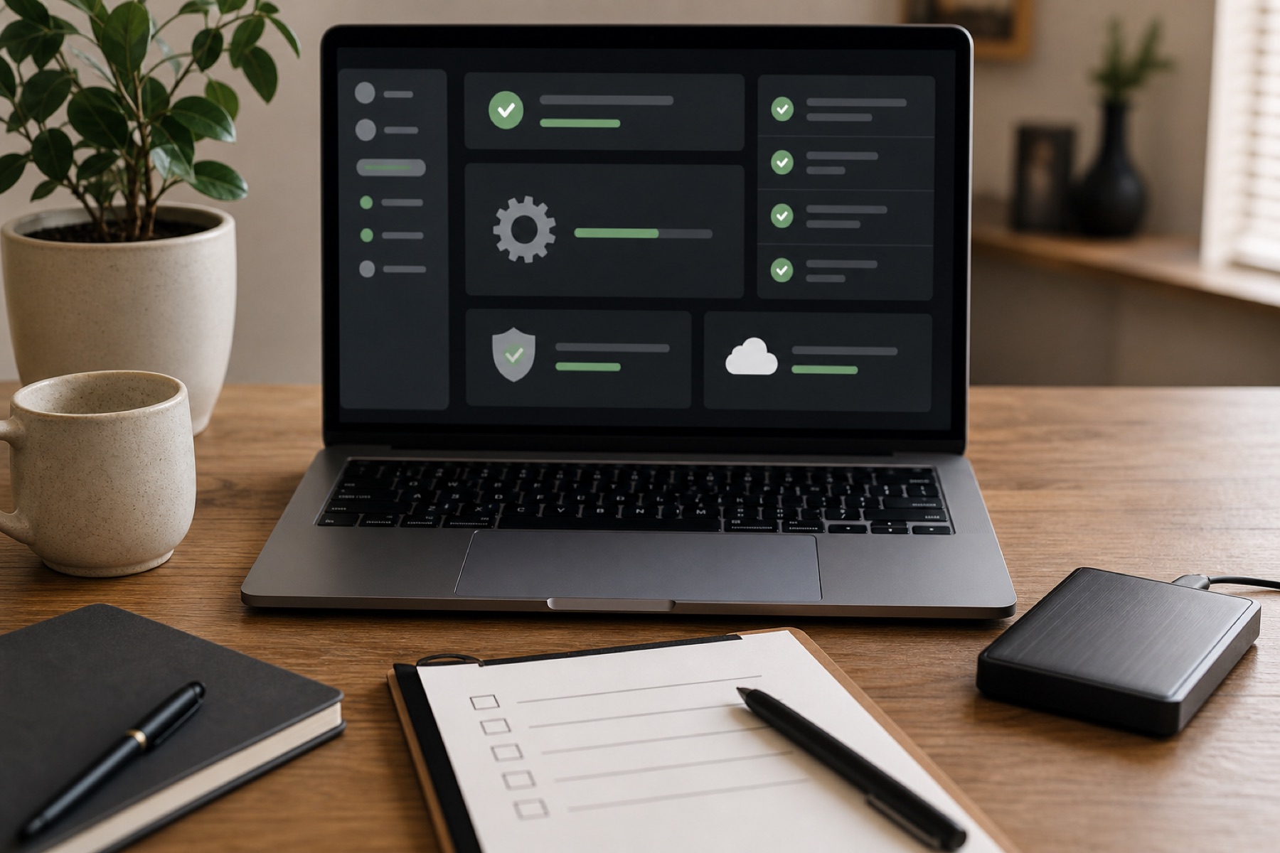 Textfreie Wartungsübersicht mit Backups, Updates und Sicherheitschecks
