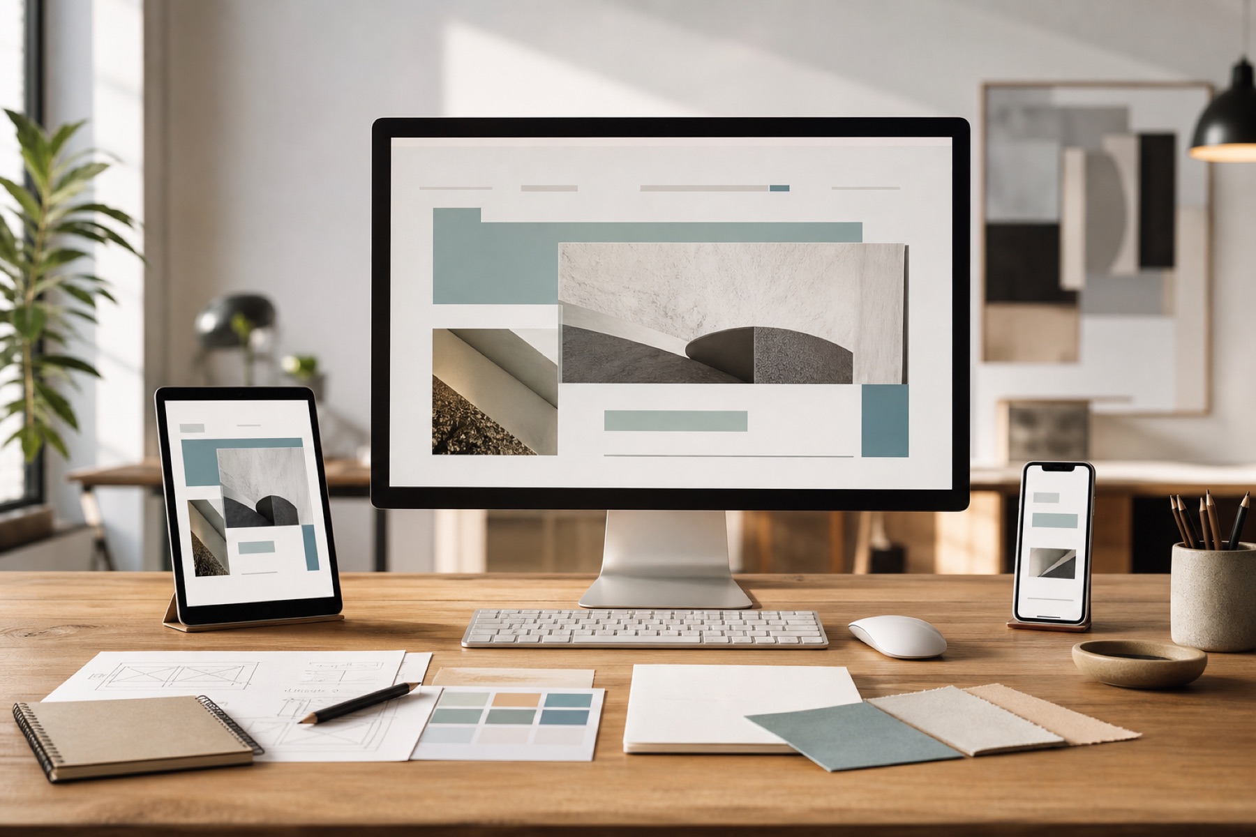 Hochwertiger Webdesign-Arbeitsplatz mit responsiven Website-Layouts