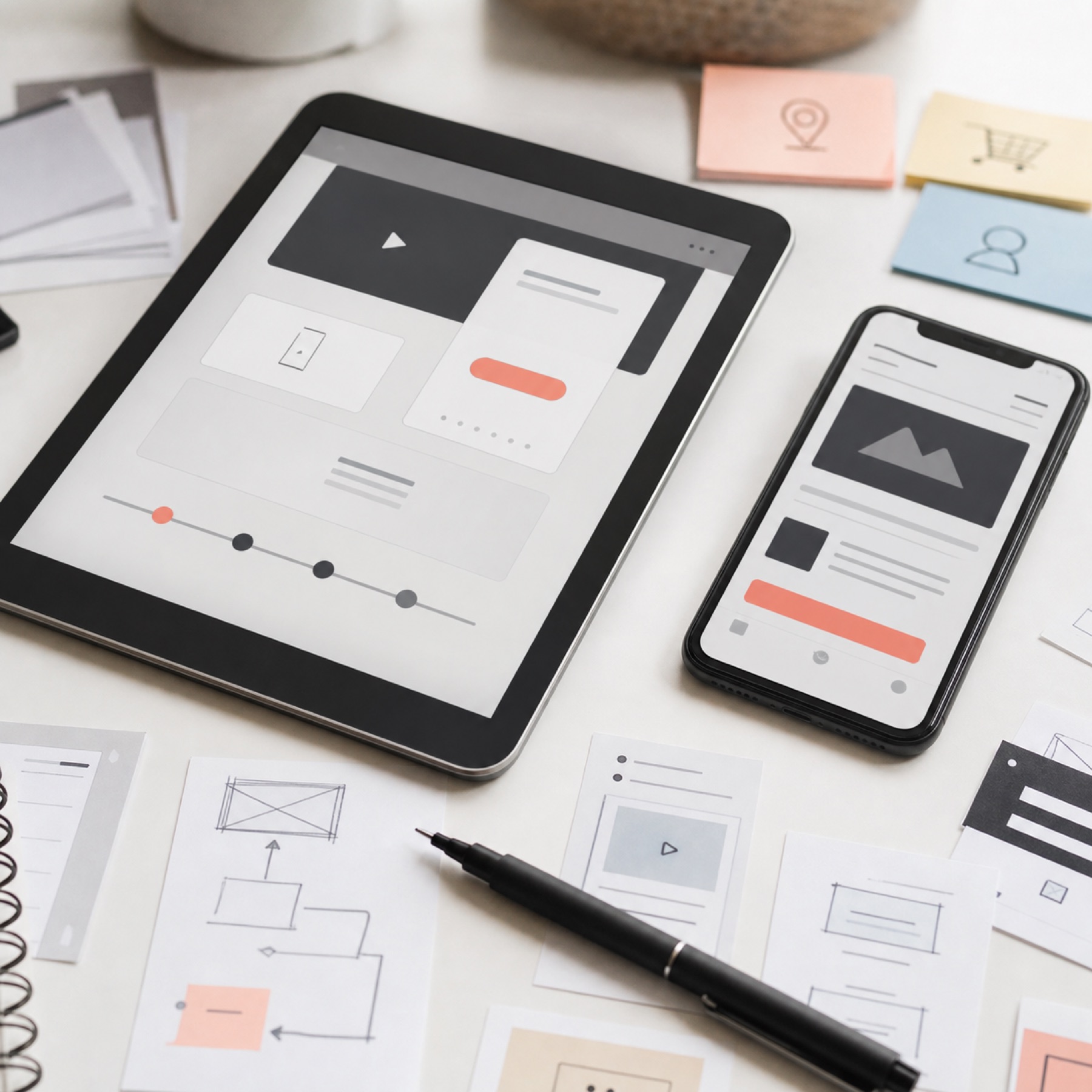 UX-Planung mit Tablet, Smartphone und Wireframe-Skizzen