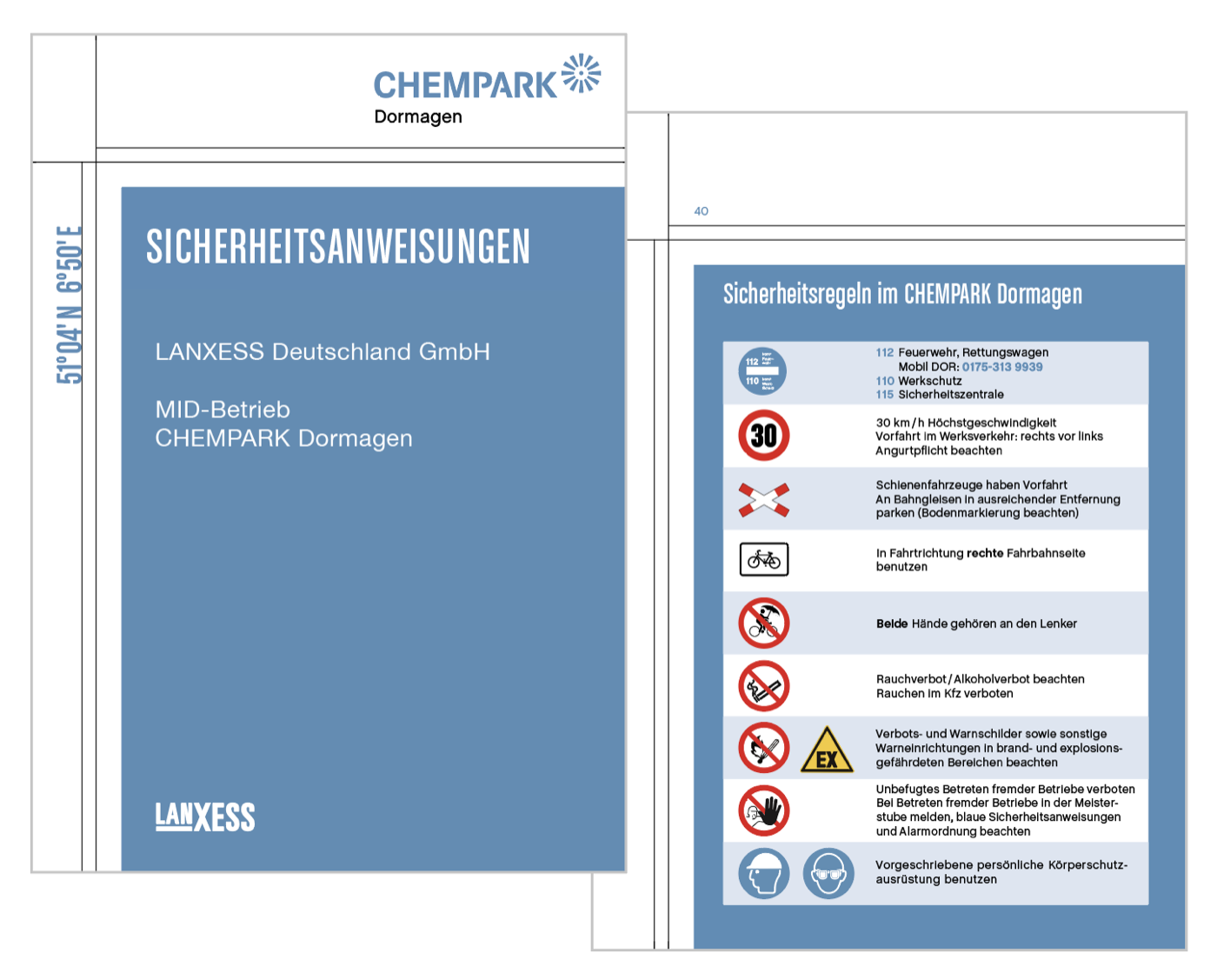 Sicherheitsleitfaden für den CHEMPARK Dormagen mit Titel und Übersicht der Sicherheitsregeln